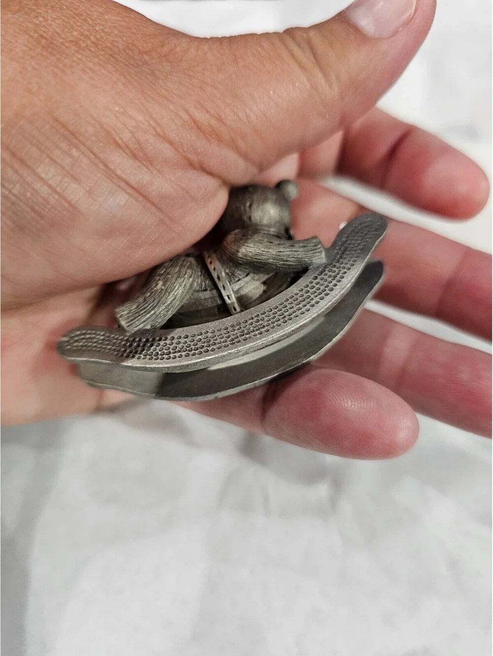 Vintage 1983 Spoontiques Rocking Teddy Bear Pewter Silver Figurine Size 1.5X2.5